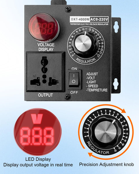AC Motor Variable Speed Controller for Routers and Fans SCR Voltage Regulator 120V-220V with LED display and dial knob