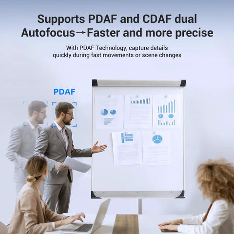 4K Webcam With PDAF Autofocus, Privacy Cover, Dual Mics featuring PDAF technology for fast movement capture on presentation screen.