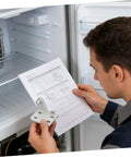 Man reading installation instructions for Rock Solid Metal Refrigerator Lower Hinge Assembly Two Piece Set, holding part.