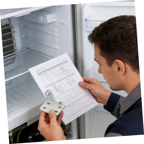 Man reading installation instructions for Rock Solid Metal Refrigerator Lower Hinge Assembly Two Piece Set, holding part.