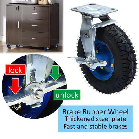 Heavy Duty Rubber Caster Wheels 6 8 10 Inch Pneumatic Swivel Casters With Brakes Steel Ball Bearing Tires for Hand Trucks on a wooden cabinet.