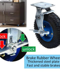 Rock Solid Heavy Duty Rubber Caster Wheels With Secure Brakes Roll Smooth As Silk 6 Inch showing locking mechanism and durable tire.