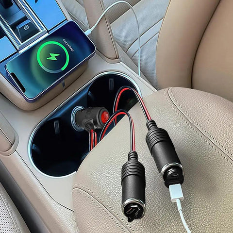 Hella Tough Universal Car Cigarette Lighter Splitter, 12V To 24V Dual Port Power Adapter with cables and phone in vehicle.