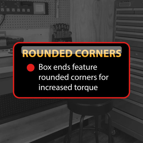 Rounded corners feature of one and a half inch combo wrench for increased torque in automotive, home garage, and DIY projects.