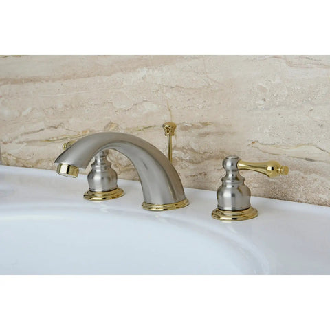 Victorian Style Widespread Bathroom Faucet In Brushed Nickel And Polished Brass Finish, Deck Mount 8 To 16 Inch Spread