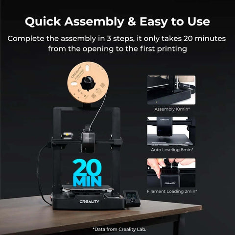Ender 3 V3 SE 3D Printer with Sprite Direct Extruder shown with quick assembly steps and features on display.