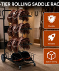 Heavy Duty Rolling Saddle Rack Cart With Spacious Basket And Locking Casters For Super Smooth Glides Sturdy Steel Frame with saddles and helmets
