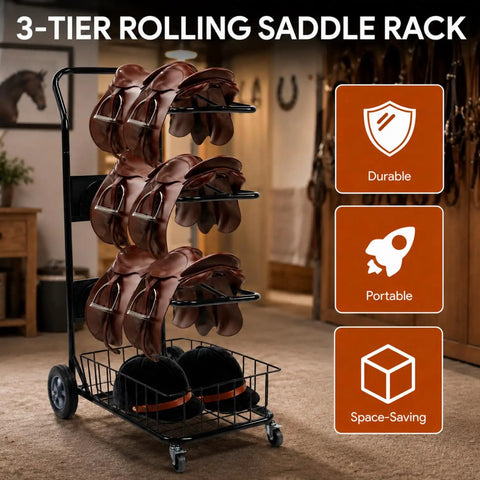 Heavy Duty Rolling Saddle Rack Cart With Spacious Basket And Locking Casters For Super Smooth Glides Sturdy Steel Frame with saddles and helmets