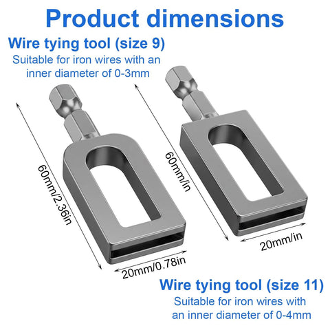 Heavy Duty 2 Piece Wire Twister Tool For Drill showing dimensions for sizes 9 and 11, suitable for specific iron wire diameters.