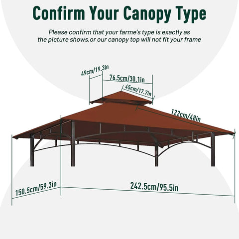 Diagram showing measurements and compatibility for Grill Gazebo Replacement Canopy Roof For 5 Foot By 8 Foot Outdoor BBQ Gazebo.