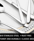Close-up of 49 Piece Silverware Set With Drawer Organizer For 8 People Built Tough For Everyday Home Use Heavy Duty Cutlery With Steak Knives Rust Proof Mirror Polished And Dishwasher Safe