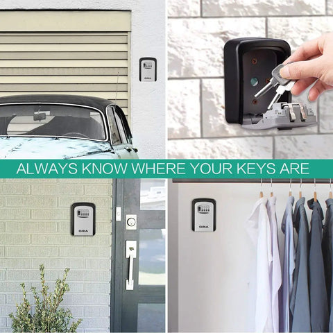 4 Digit Combination Key Lock Box Wall Mount with Resettable Code and 5 Key Capacity in various home settings
