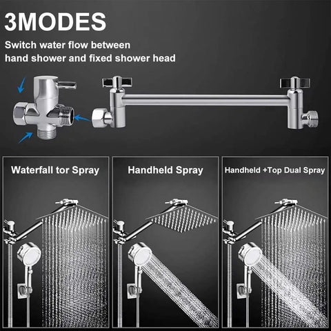 3 modes of 12 Inch Shower Head With Extension Arm And Handheld Spray 9 Setting Rain Shower System With 3 Way Diverter Adjustable Water Pressure Easy Install Water Saving Mode For Home Spa