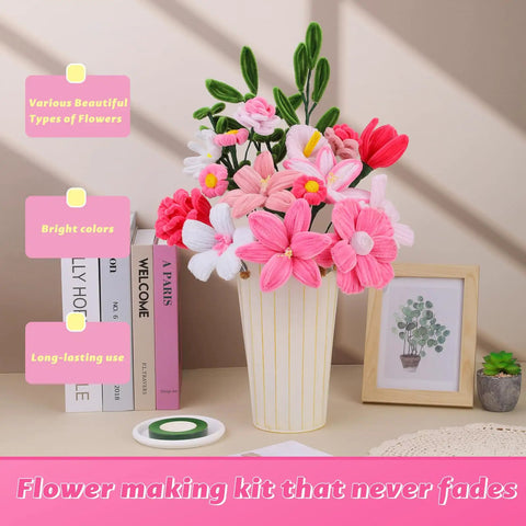 Pink Pipe Cleaner DIY Flower Kit With 550 Pieces In 7 Colors Bulk Pack Includes Floral Wires Stamens Floral Tape And Tutorial For Easy Craft Bouquets A Fun Kid Friendly Mothers Day Gift Idea. Pink pipe cleaner flower bouquet in vase