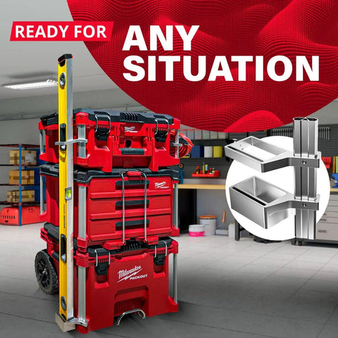 Level Mount Holder For Packout Tool Boxes And Organizers Compatible With All Aluminum Rail Packout Systems Safely Holds Levels Up To 2.8 Inches Wide By 1.5 Inches Deep Includes Set Screws Left Side Mount Upgrade on toolboxes in workshop.