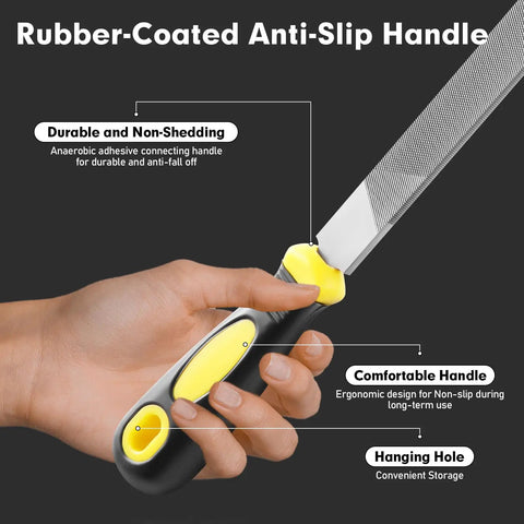 Flat Hand Metal File 8 Inch with Ergonomic Handle showing rubber-coated anti-slip durable grip