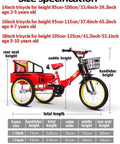 Folding Three Wheel Tricycle With Rear Passenger Seat And Backrest, Tandem Rickshaw Style Pedals, Size Chart Display
