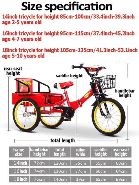 Folding Three Wheel Tricycle With Rear Passenger Seat And Backrest, Tandem Rickshaw Style Pedals, Size Chart Display
