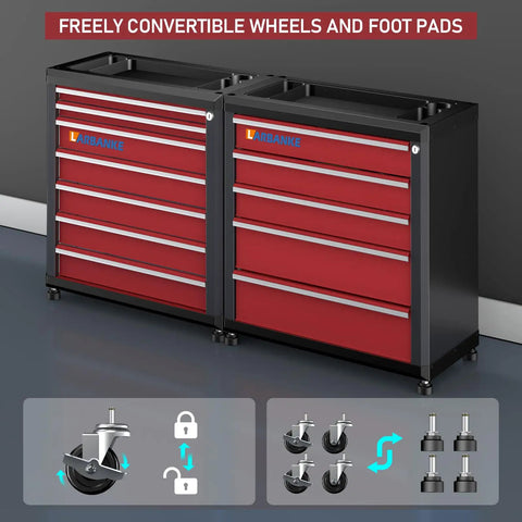 Heavy Duty Seven Drawer Rolling Tool Chest With Lockable Drawers And Waterproof Top Red Mobile Workshop Cabinet angle showing convertible wheels and foot pads.