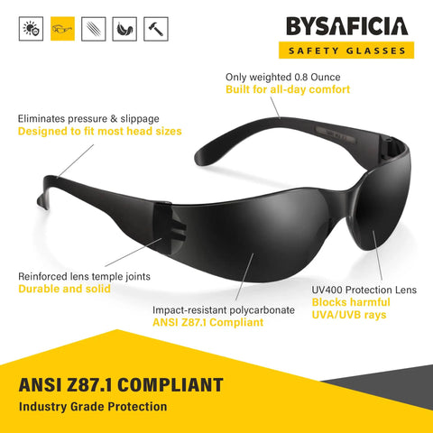 Bulk Pack Of Twenty Four Tinted Safety Glasses With Smoke Lenses And UV Protection Premium Polycarbonate Build Meets Ansi Z87 Standards side view showing impact-resistant design and comfortable fit.