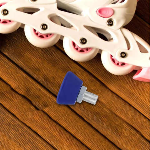 Two Pack Roller Skate Toe Stops And Toe Plugs Adjustable Five Eighth Inch Rubber Stops For Quad Skates Replacement Parts In Bright Blue on wooden surface beside white roller skate.