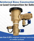 Front view of brass 3/4 in pressure vacuum breaker backflow preventer with blue handles for irrigation
