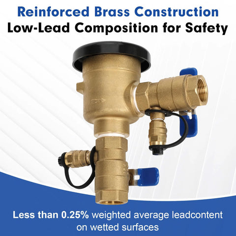 Front view of brass 3/4 in pressure vacuum breaker backflow preventer with blue handles for irrigation