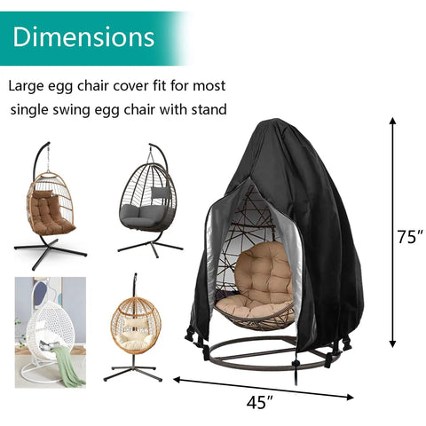 Rugged Patio Egg Chair Cover With Zipper 420D Woven Polyester With PVC Coating For Waterproof Weatherproof UV Guard Dustproof Windproof Hanging Chair Shield 75 By 45 Inches Black 1 Pack covering a brown egg chair.
