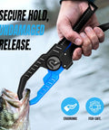 Angler using 7 Piece Fishing Tools Kit With Corrosion Resistant Pliers Floating Lip Gripper on fish at lake