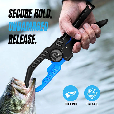Angler using 7 Piece Fishing Tools Kit With Corrosion Resistant Pliers Floating Lip Gripper on fish at lake