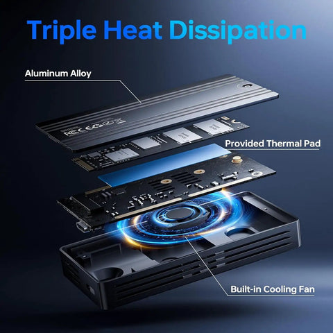 Close-up of Straight Fire Thunderbolt Enclosure For M.2 NVMe Drives, showcasing aluminum alloy construction and cooling fan.
