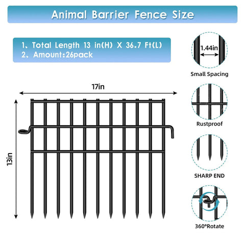 Diagram of 37ft Long Garden Animal Barrier Fence 13 Inch High Rustproof Metal Wire No Dig Dog Border Fence with 1.44 Inch Gaps