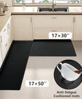 Game Changing Anti Fatigue Kitchen Mat Set With Memory Foam Runner And Sealed Dust Proof Edges For Standing Comfort In Kitchens And Offices total leg relief in black 17x30 and 17x50 inches.