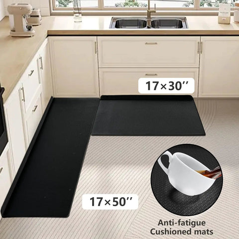 Game Changing Anti Fatigue Kitchen Mat Set With Memory Foam Runner And Sealed Dust Proof Edges For Standing Comfort In Kitchens And Offices total leg relief in black 17x30 and 17x50 inches.