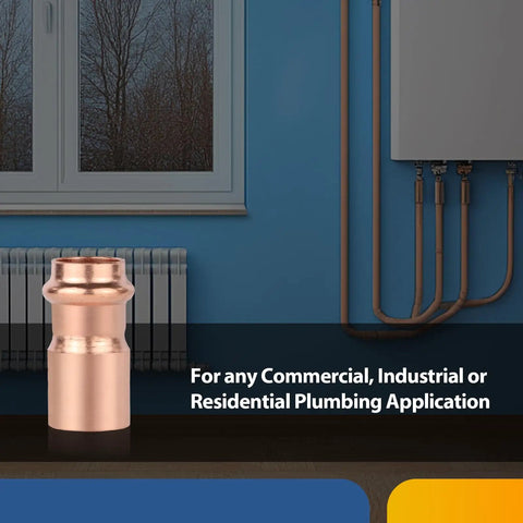 Top Shelf 100 Pack Lead Free Copper Press Fittings 1 Inch By 3/4 Inch Reducing Coupler displayed in plumbing setting.
