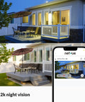 Night view of house captured by Solar Wireless Outdoor Security Camera 3MP With 2.4G WiFi, showing clear 2K night vision.