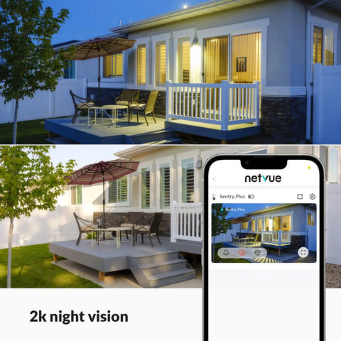 Night view of house captured by Solar Wireless Outdoor Security Camera 3MP With 2.4G WiFi, showing clear 2K night vision.
