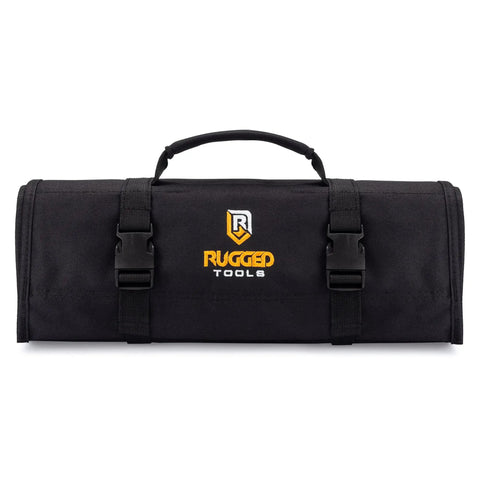 32 Pocket Tool Roll Organizer With 22 Pockets And 10 Socket Holders Roll Up Tool Bag front view with handle and logo