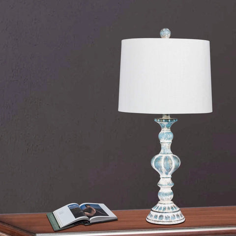 Must Have Pair Of 26.5 Inch Distressed Candlestick Resin Table Lamps In Cottage Antique Blue With Designer White Shade And Rotary Switch 2 Piece Set By Fangio Lighting