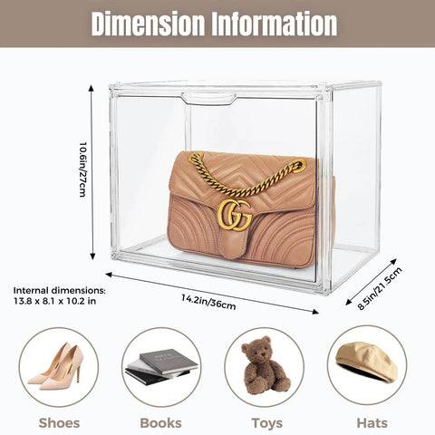Clear acrylic display cube with purse inside, dimensions shown; part of Three Pack Acrylic Purse Organizer for Closet Stackable Clear Handbag Storage Bins with Magnetic Doors Display Case for Purses Hats Books and Collectibles Keeps Bags Upright Easy Visibility and Quick Access.