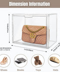 9 Pack Clear Acrylic Purse Organizer Stackable Display Bins With Magnetic Doors Dustproof Cabinet For Purses Hats Books And Collectibles Premium Thick PET Material Durable See Through Storage Case with bag inside showing dimensions