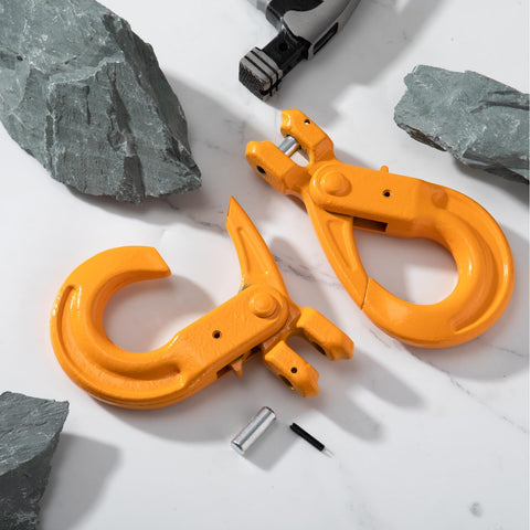 Beefy Heavy Duty Grade 80 Self Locking Hooks 3/8 Inch Steel Clevis 7100 Lb Load Rating Lifting And Tie Down For Safety Chains Pack Of 2