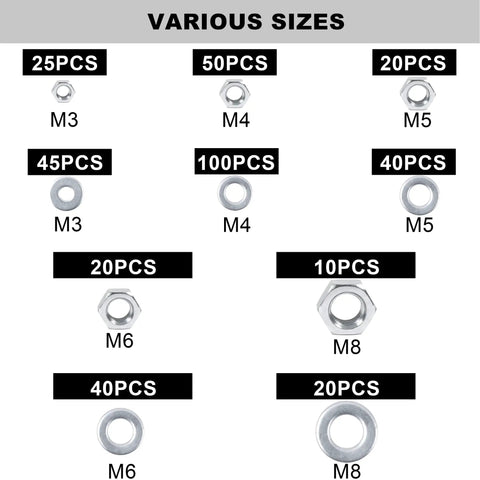 All In One 500 Pcs Screws Nuts And Washers Set with sizes M3 to M8 organized in a chart showing quantities of each type