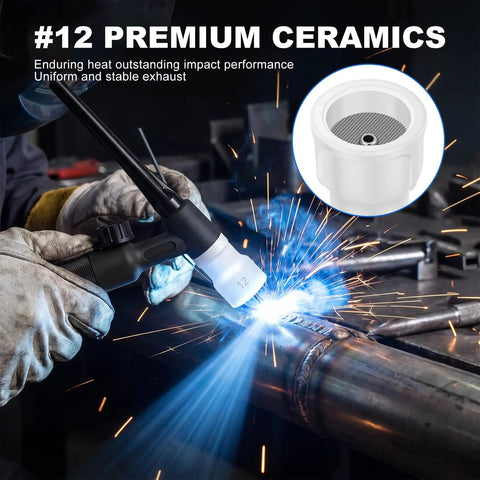 Welding with #12 ceramic TIG cup, showcasing Solid 4 Pc Kit Of White Ceramic #12 TIG Cups With 1/8' Diffuser Mesh For WP TIG Torches.