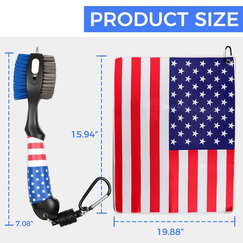 Magnetic Golf Club Cleaning Kit With American Flag Towels, Dual Pack Groove Brush And Groove Pick shown with product dimensions.