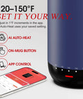 Smart Self Heating Coffee Mug With Advanced Temperature Control And AI Auto Warm Tech display showing temperature settings and app control.