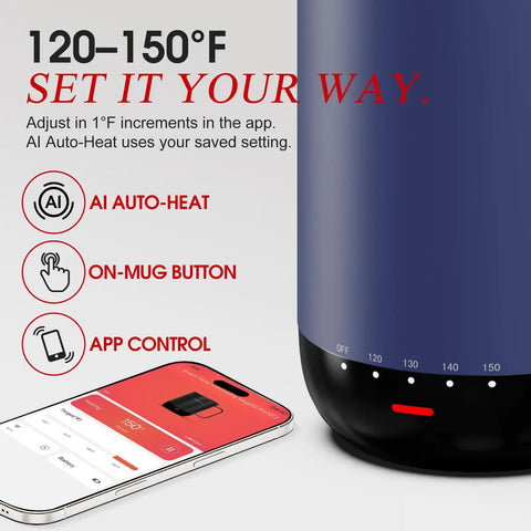 Smart Self Heating Coffee Mug With Advanced Temperature Control And AI Auto Warm Tech display showing temperature settings and app control.