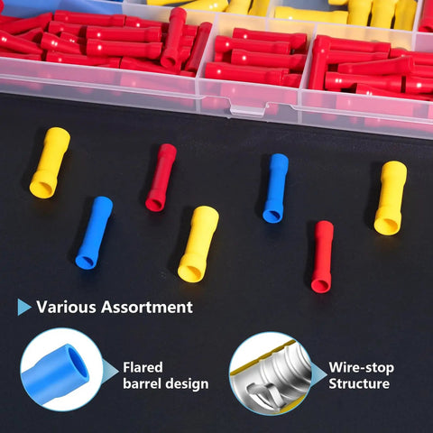 Pro Grade 200Pcs Butt Splice Connectors Kit For 22 10 AWG Wire, color-coded connectors shown in assorted colors and designs