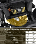 Waterproof 35Kg High Torque Brushless Servo with metal gears and aluminum horn in RC crawler setup showing 90°-180° swing diagram.