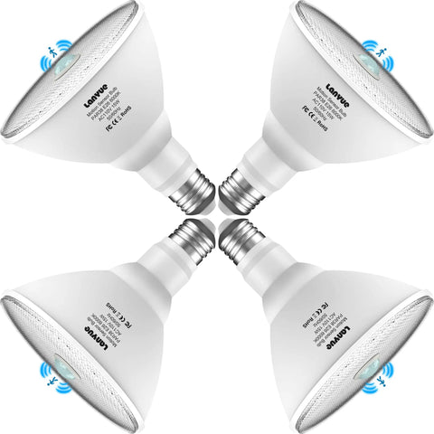 Motion Sensor LED Bulbs For Outdoor And Indoor Use, 15W Flood Light Equivalent To 100W, 1200 Lumens, 6000K Daylight, PIR Infrared Sensor, E26 Socket, PAR38 Style, Weatherproof, Dusk To Dawn, Easy Plug And Play, Four Pack, four white bulbs